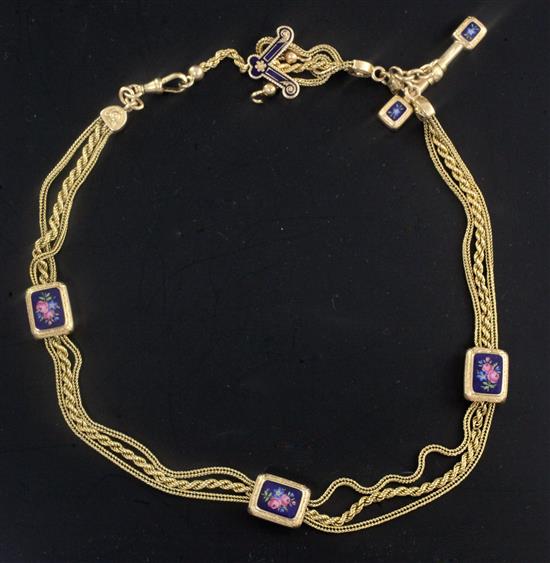 An early 20th century gold triple strand Albertina ropetwist chain, with floral enamelled plaques, gross 38.8 grams.